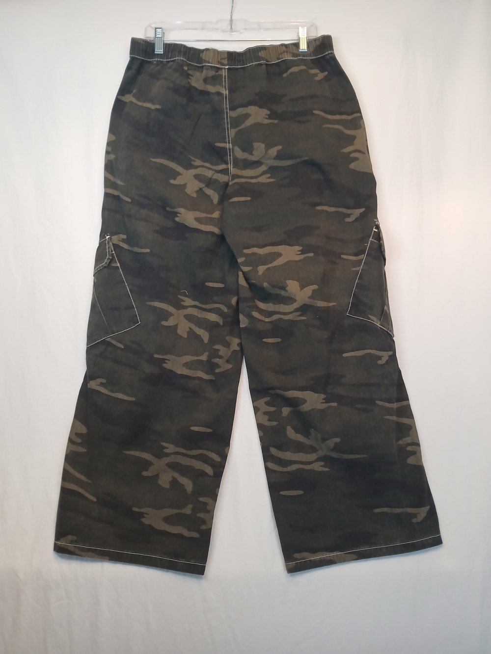 Olive Green & Tan Camo Wide Leg Elastic Waist Cargo Pants L New! - Picture 4 of 10